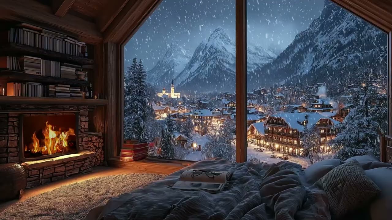 Winter Cabin Ambience with Fire Sounds and Gentle Snowfall for Sleep, Study and Stress Relief