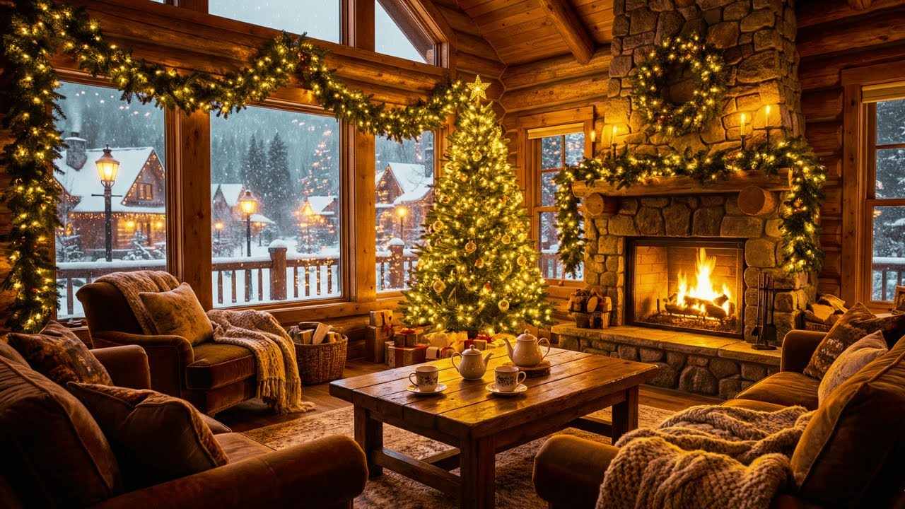 Peaceful Christmas Cabin 24/7 🎄 Instrumental Music with Cozy Fireplace ❄️