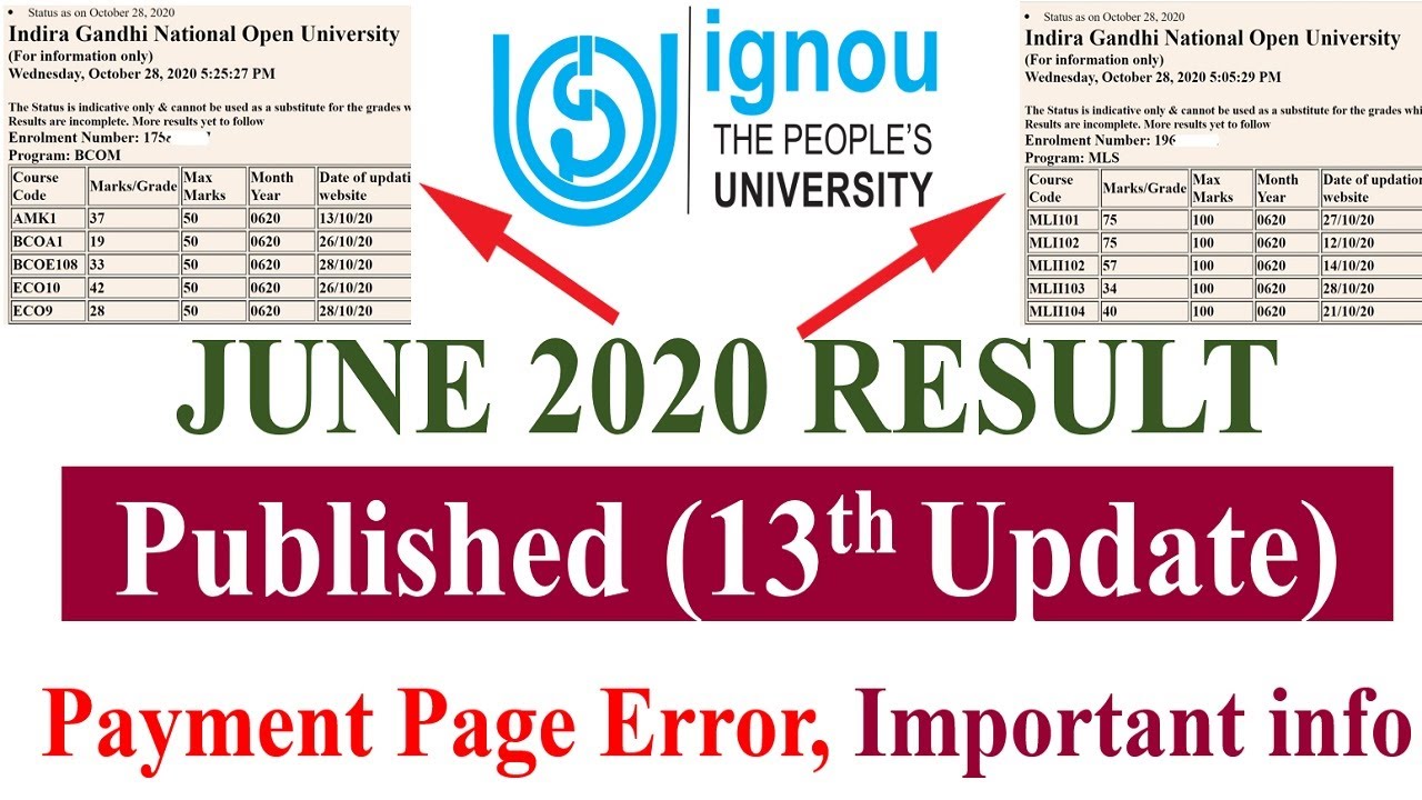[Big Update] IGNOU JUNE/Sept. 2020 EXAM RESULT 13th UPDATE PUBLISHED | Payment Page Error,