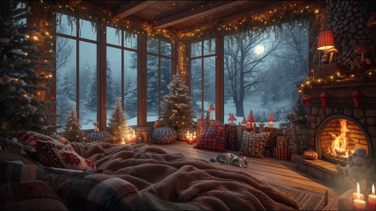 Relaxing Winter Night in Cabin | Fireplace & Wind Sounds