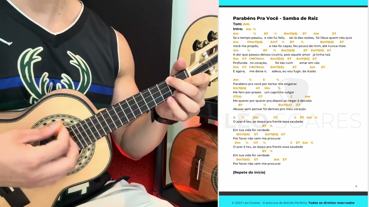 APRENDA “PARABÉNS PRA VOCÊ” SAMBA DE RAIZ COM CIFRA NA TELA - AULA DE CAVACO COM LÉO SOARES