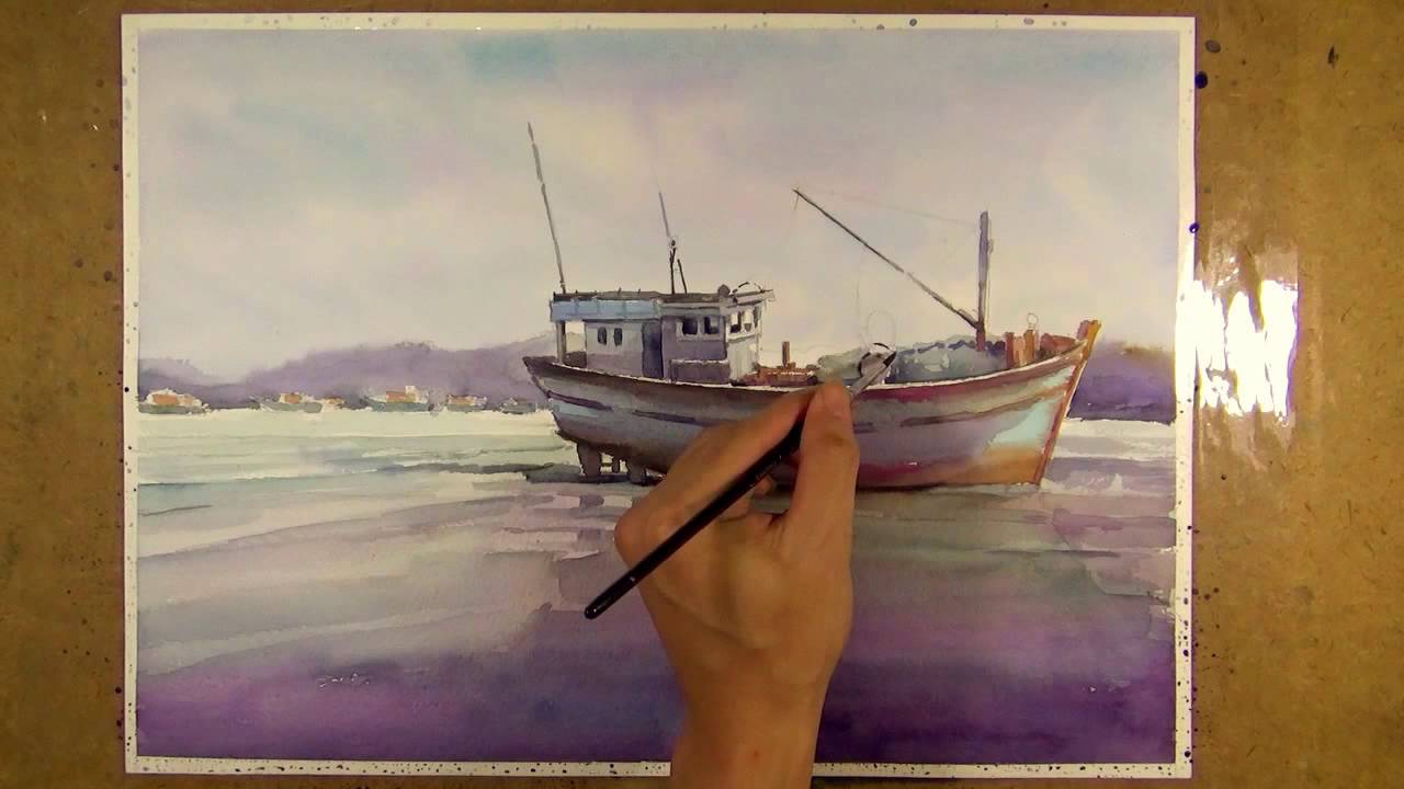 Watercolor Painting : Fishing Boat on the beach