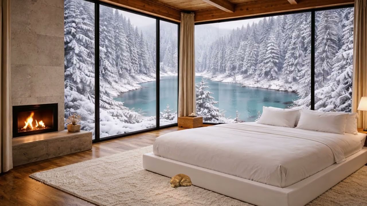Cabin Lake Ambience #18 | 8H Snow & Wind Sounds with Fireplace for Deep Sleep 4K | by Lengau Lee