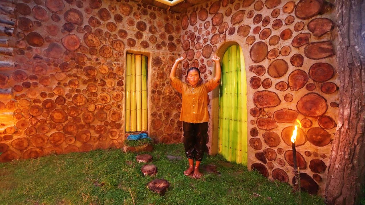 Woman Cutting Tree Short To Build Beautiful Wooden Mud House by Ancient Skills
