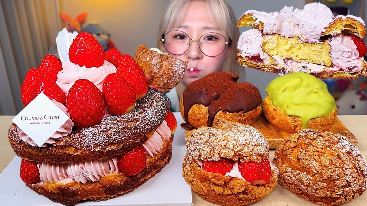 딸기브레스트🍓 딸기슈 초코슈 스톤슈 말차슈 치즈케이크 디저트 먹방 Dessert Mukbang