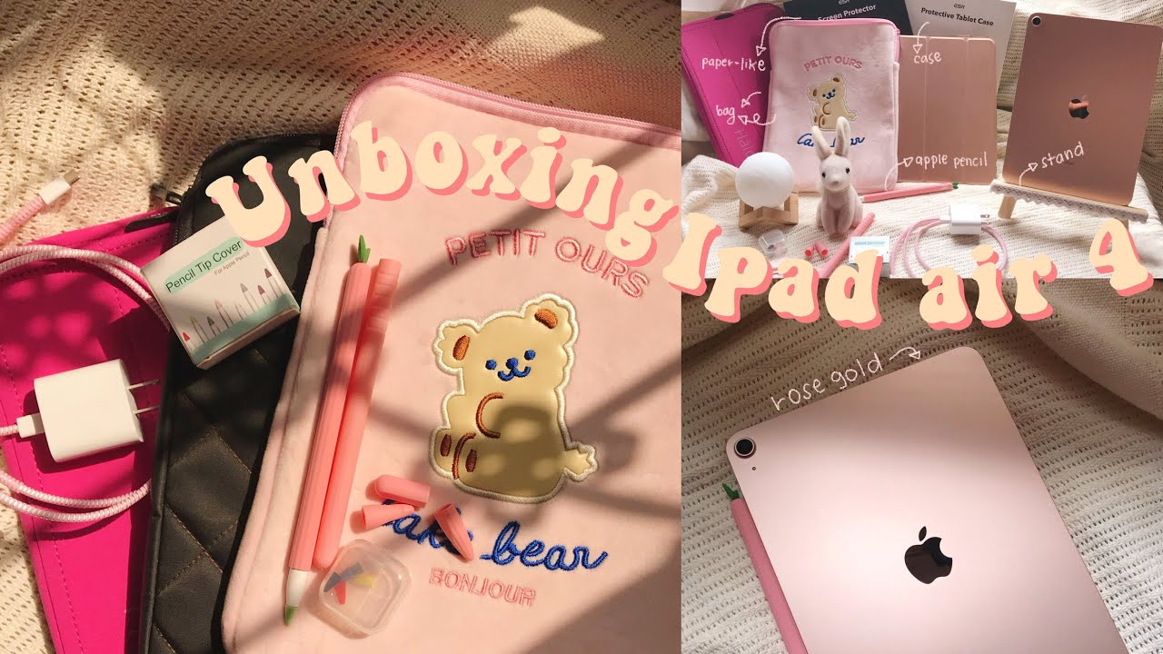 🍎 unboxing iPad air 4 (256gb) in rose gold + apple pencil 2 + cute iPad accessories 🧸