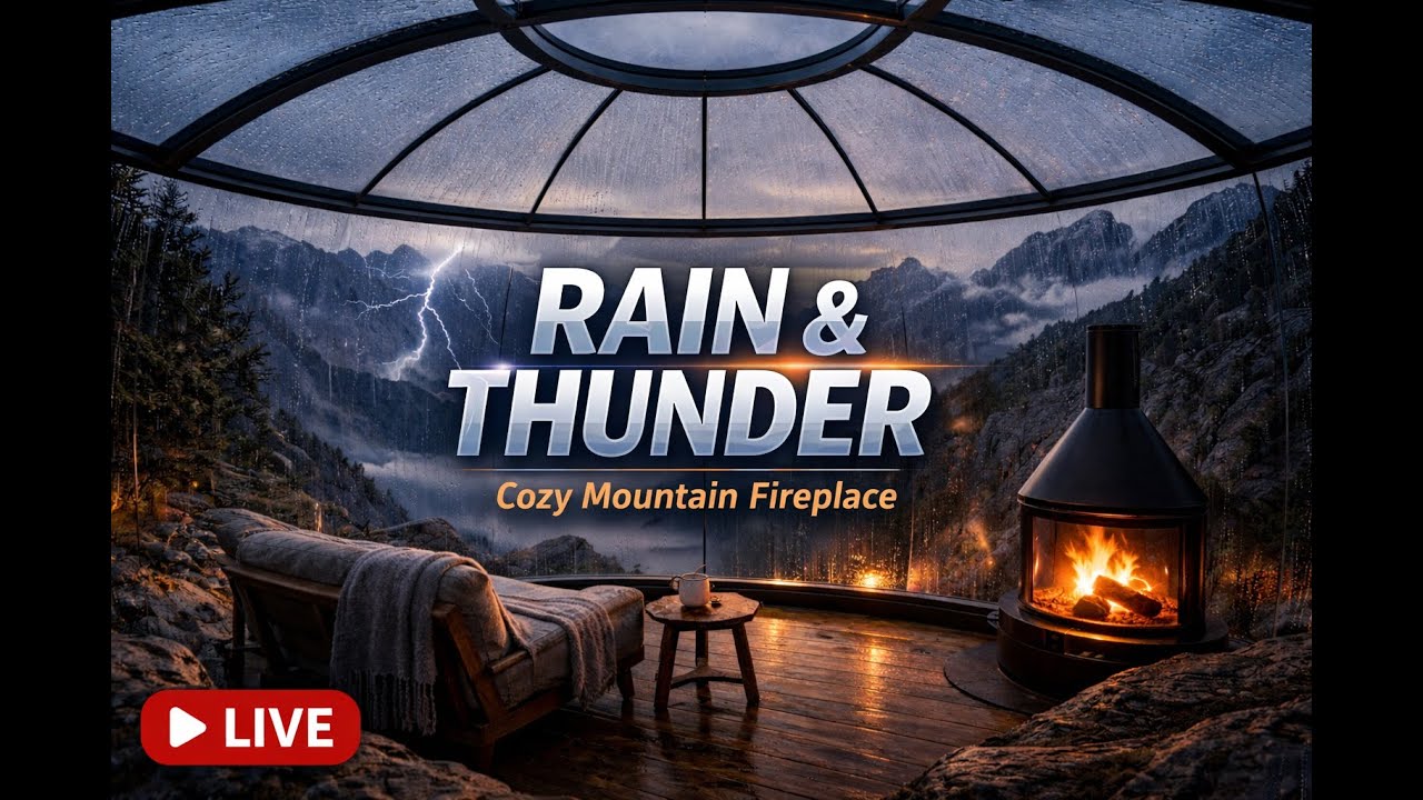 LIVE Rain & Thunderstorm | Cozy Mountain Fireplace