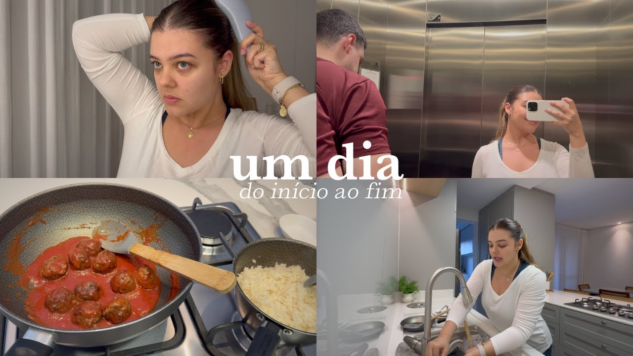 Rotina acordando as 6h, me arrumando para treinar, café da manhã, tarefas de casa, almoço e jantar.