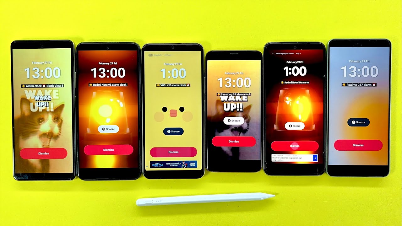Alarm Clocks on Realme C67 + Redmi Note 10S + Samsung S9 + ViVo Y16 + BlackView Shark 8 + Redmi N9S 