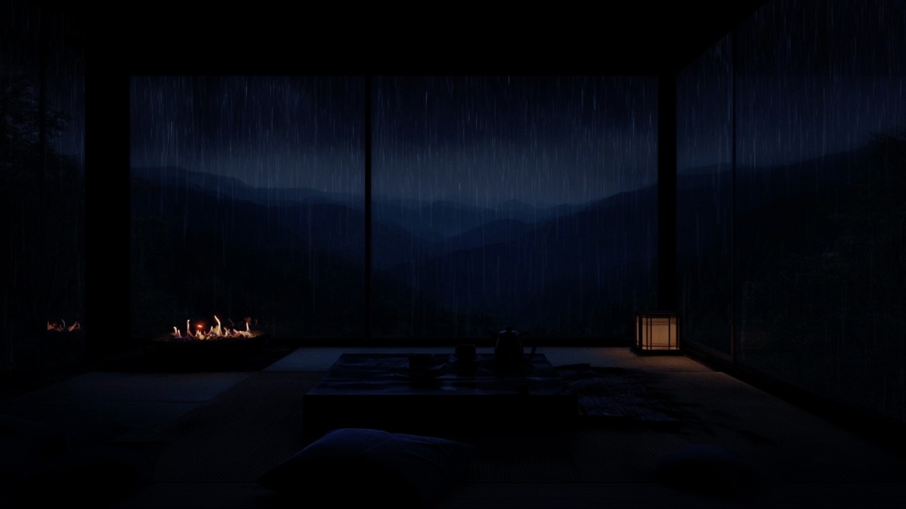 Peaceful Rainfall After Dark 🌧️ (No Ads) | Dark Mountain Bedroom with Fireplace for Deep Sleep