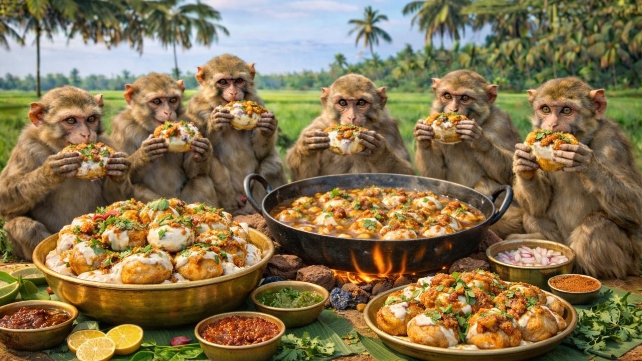 बंदरों ने मिलकर बनाए सैकड़ों देसी दही भल्ले 😱🔥 पूरा गांव हैरान  Monkeys Made Dahi Bhalla