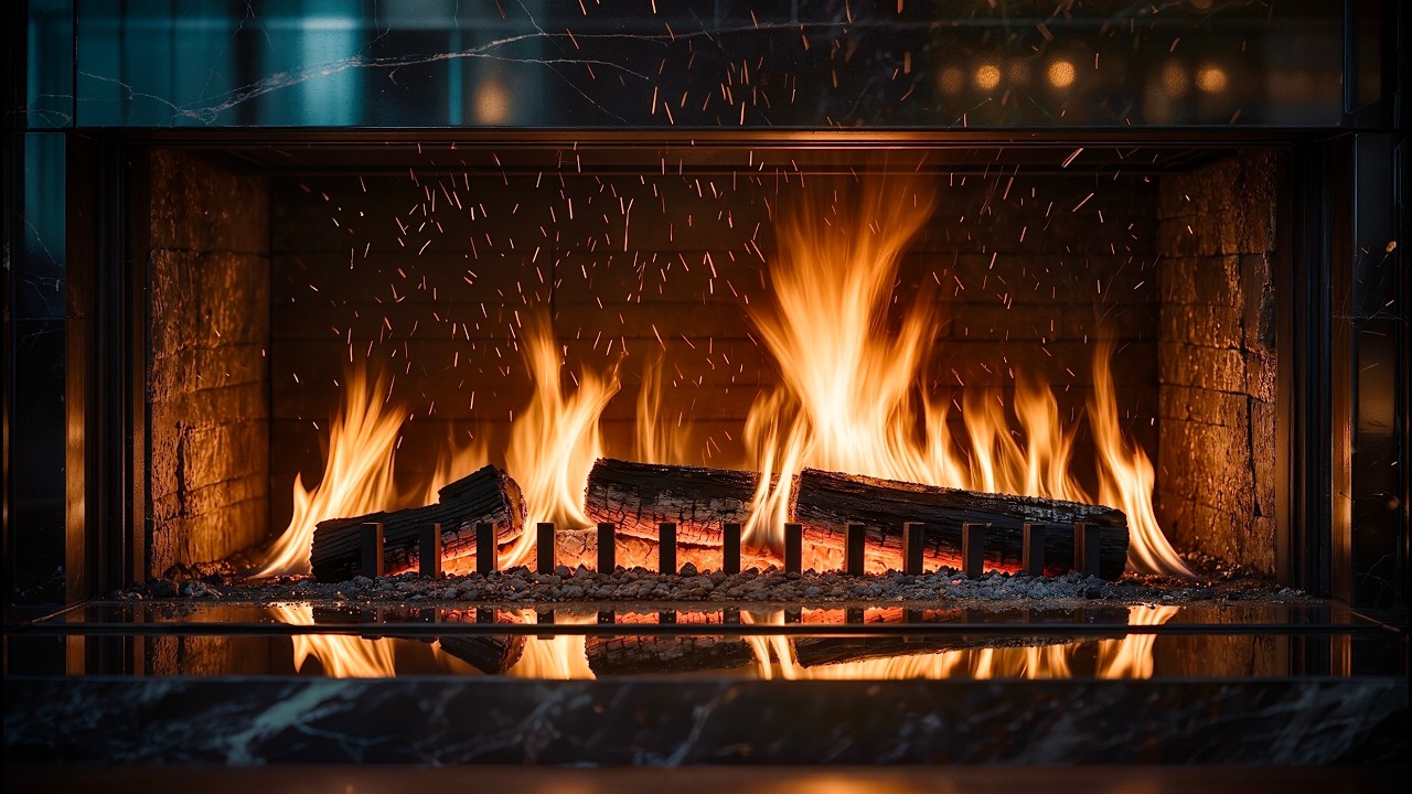 4K Luxury Black Marble Fireplace 🔥 Crackling Logs & Warm Reflections (8 Hours)