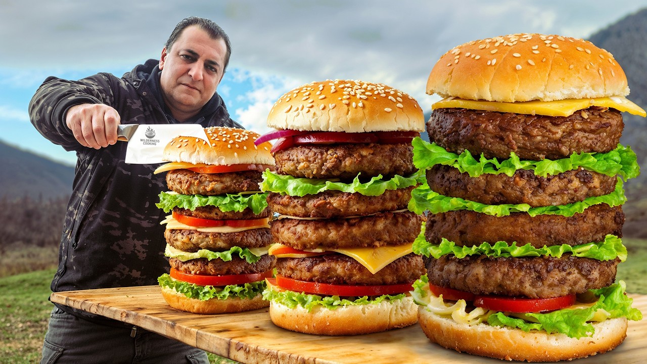 🍔I Made a GIANT Meter-long Burgers in the Wilderness