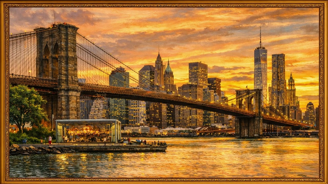Golden Sunset Over New York City | Brooklyn Bridge | 4K Framed TV Art Screensaver