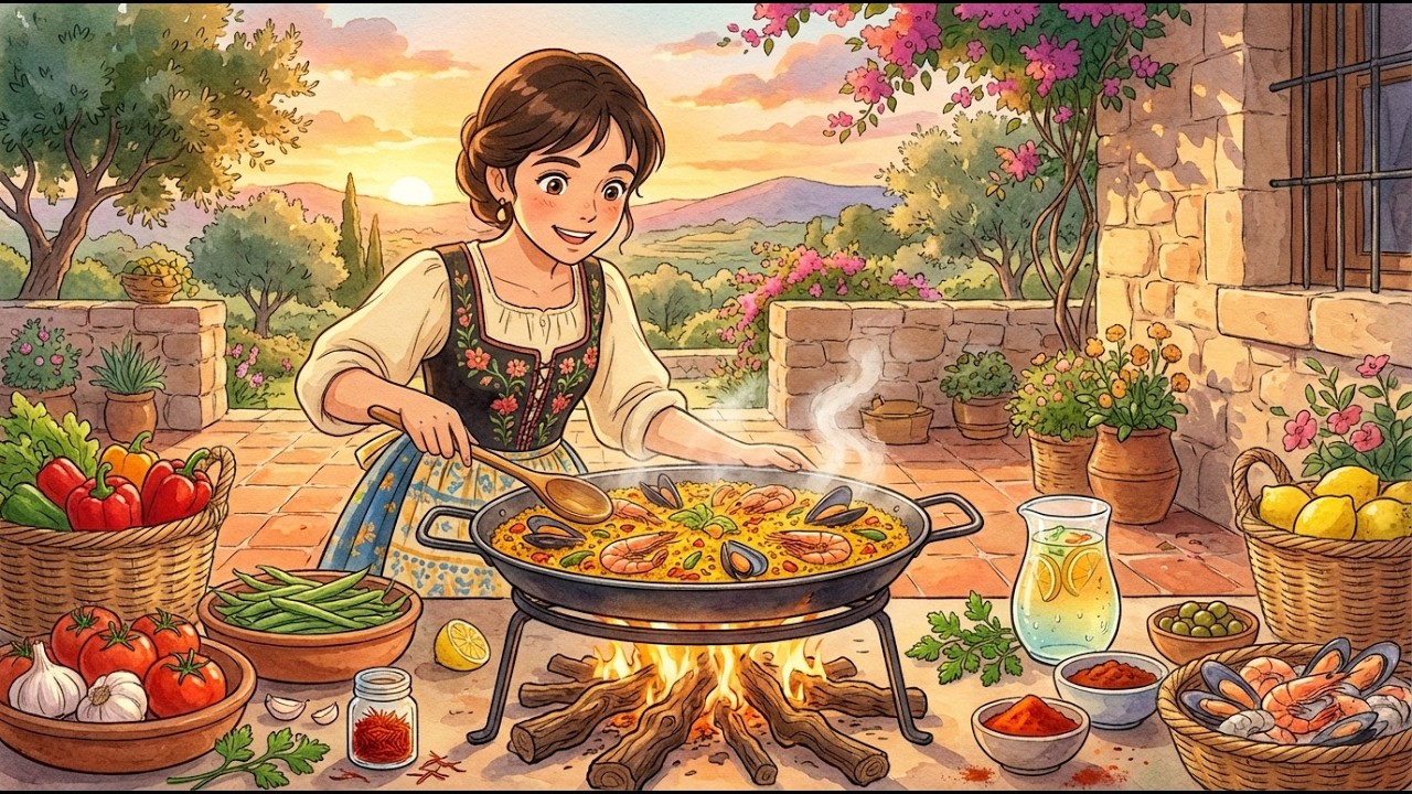 Mediterranean Sunset Paella ASMR — Wood-Fire Seafood & Golden Saffron Rice (Ghibli Style)
