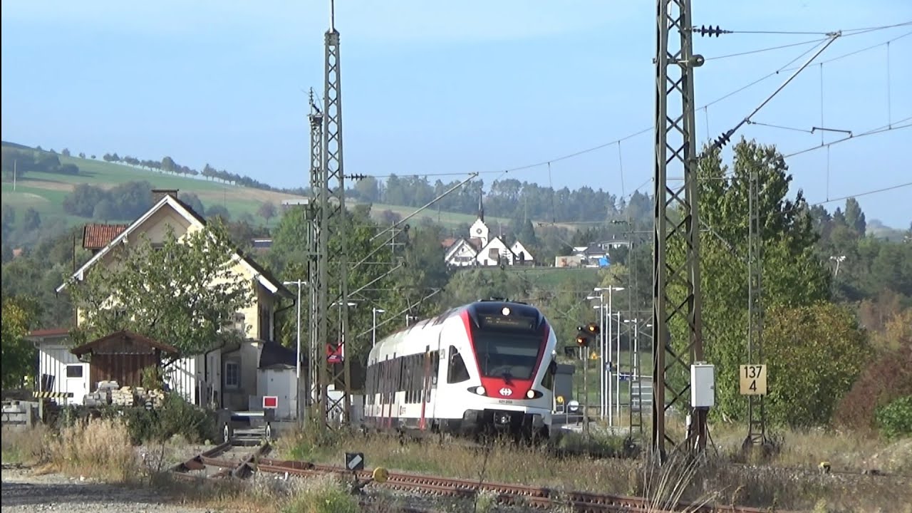 Bahnverkehr in Welschingen mit 521 (Seeh&auml;sle) und 146 mit Doppelstockwagen