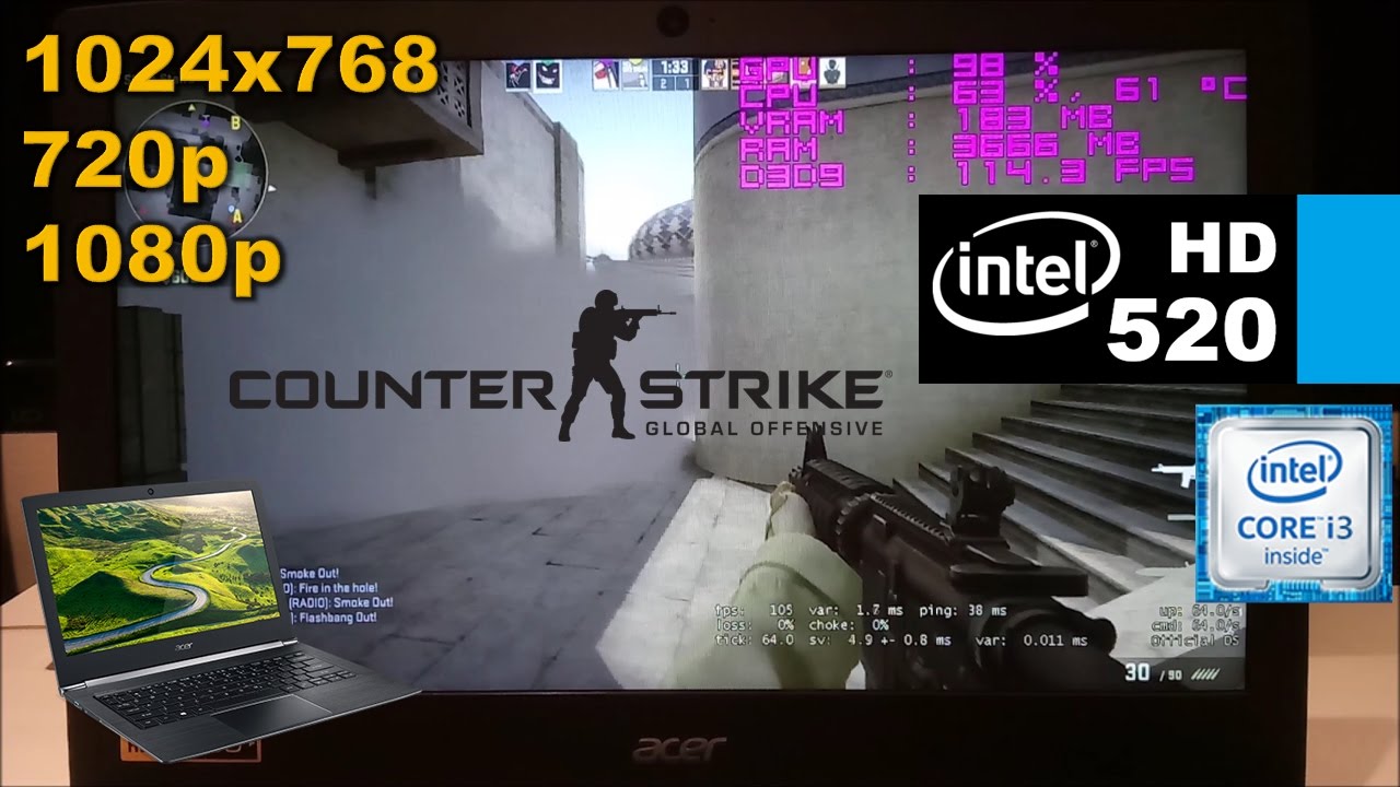 Intel HD 520 | CSGO [i3 6100U] 1024x768, 720p, 1080p Matchmaking LOW