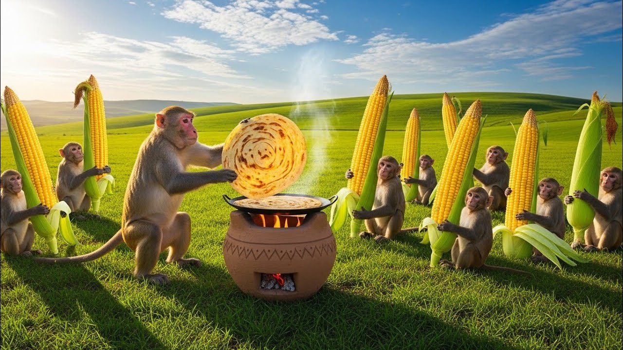 बंदरों ने बनाया मक्के की रोटी (Monkey Made Makki Roti) 🌽🔥