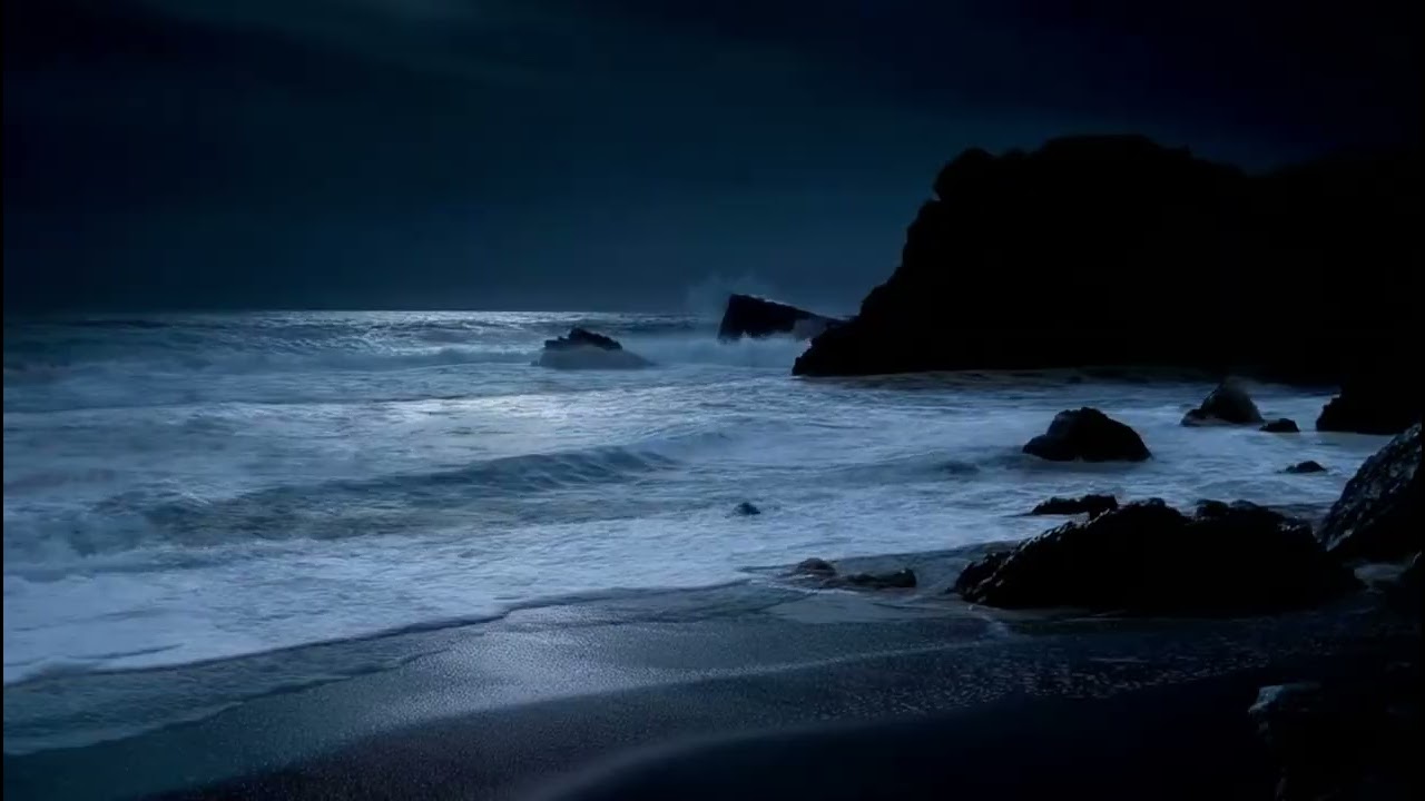 Heavy Ocean Waves on a Rocky Shore 🌙 Deep Sleep Night Beach Ambience, No Music, 3H