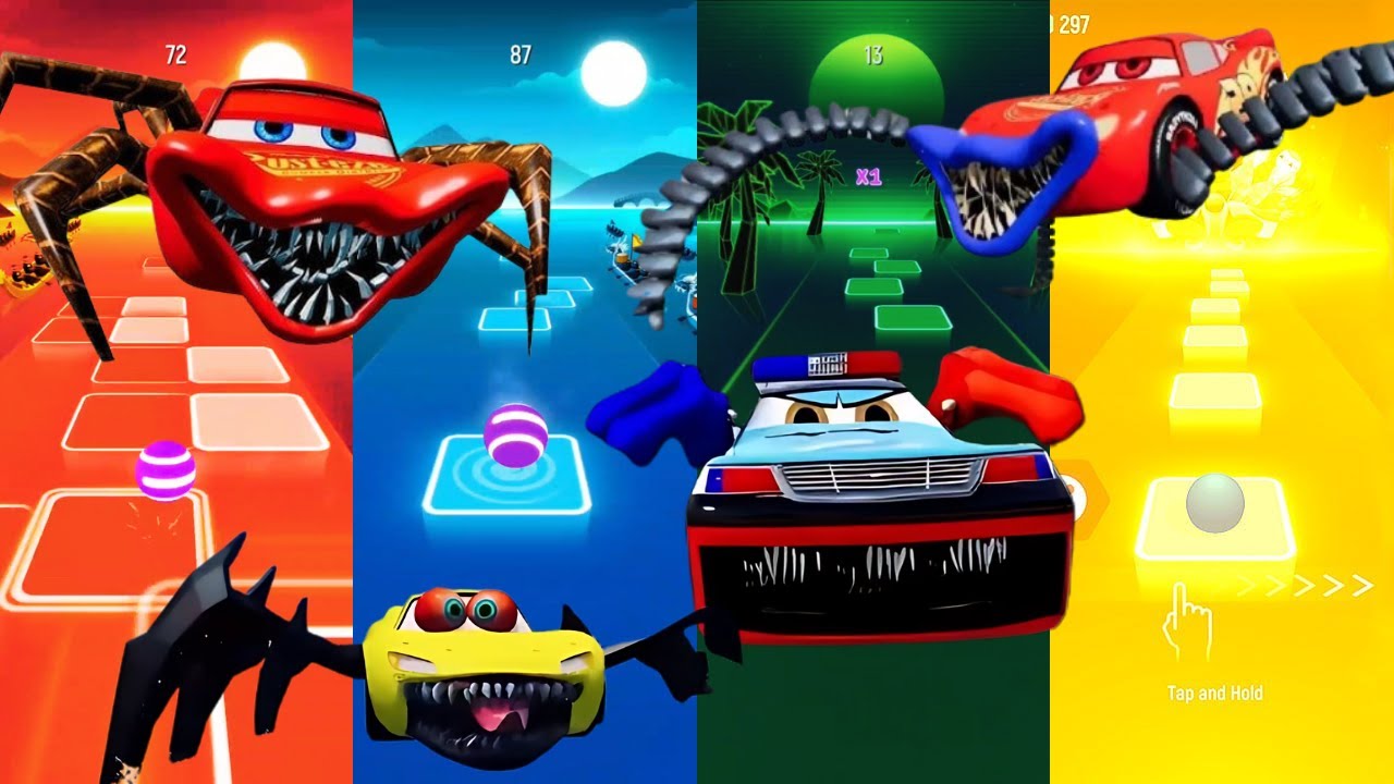Lightning McQueen vs Monsters Car Ride Chase vs Police spider eater car vs Spider mcqueen eater