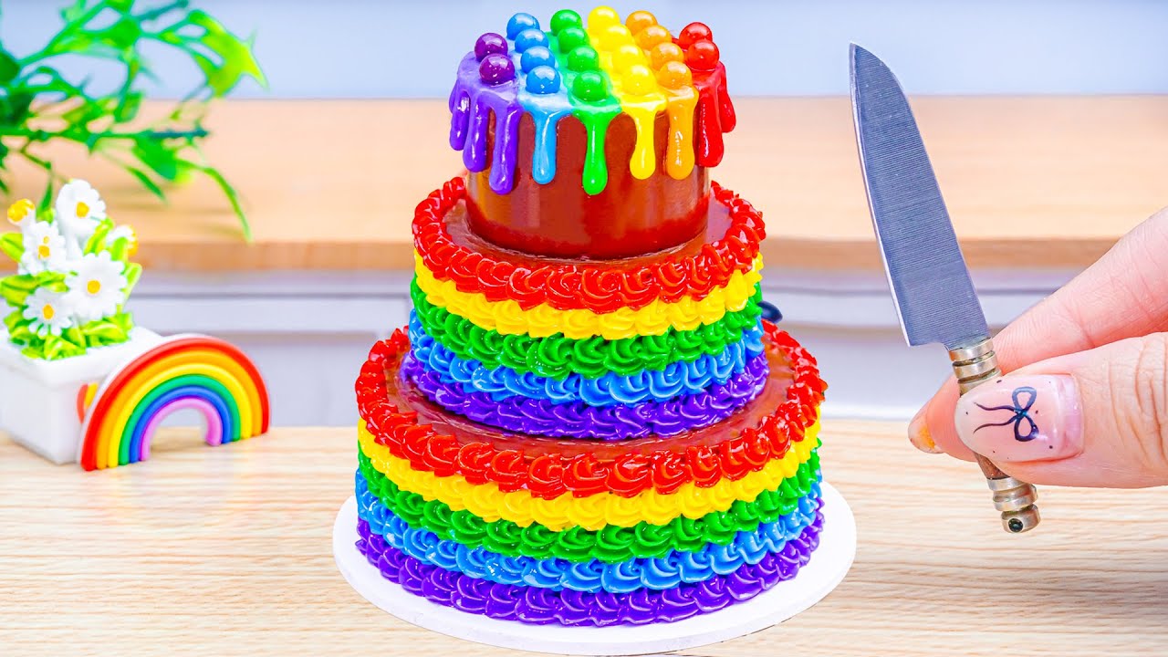 Miniature Rainbow Cake Recipe 🌈 ASMR Amazing Triple Layer Rainbow Buttercream Cake Decorating