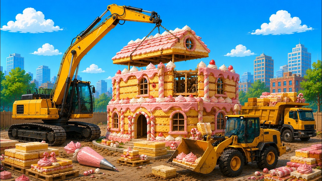 GIANT Cake House in the Snow! Crane Truck & Dump Truck BUILD a Sweet Dream🎂❄️| Construction Vehicles