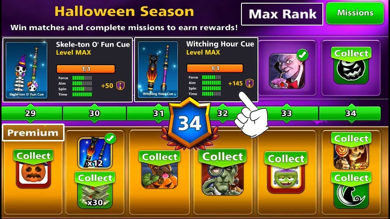 8 ball pool Halloween Season Max Rank 34 🤯 Unlock All Rewards Pool Pass