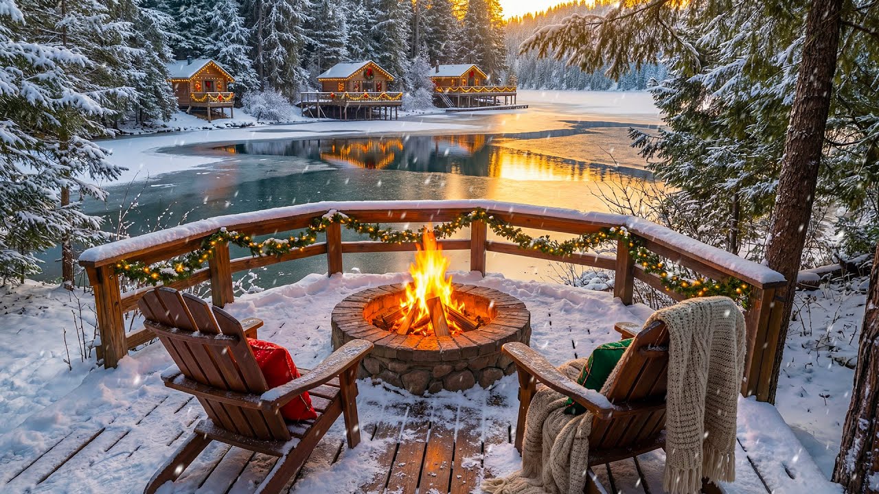 Calm Winter Lakeside Cabin Ambience ❄️🔥 Crackling Fire Pit, Snowfall & Nature Sounds for Meditation