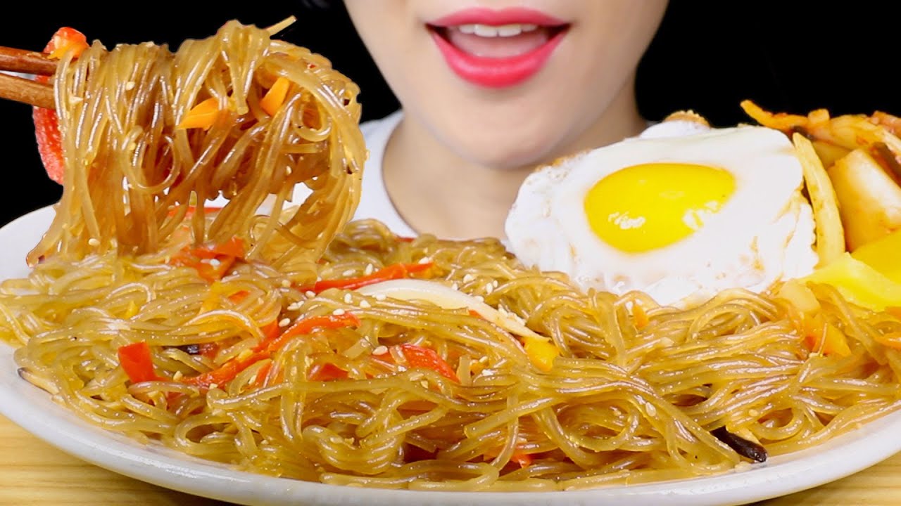 ASMR Stir-Fried Glass Noodles with Buldak Fire Sauce | Japchae | Eating Sounds Mukbang