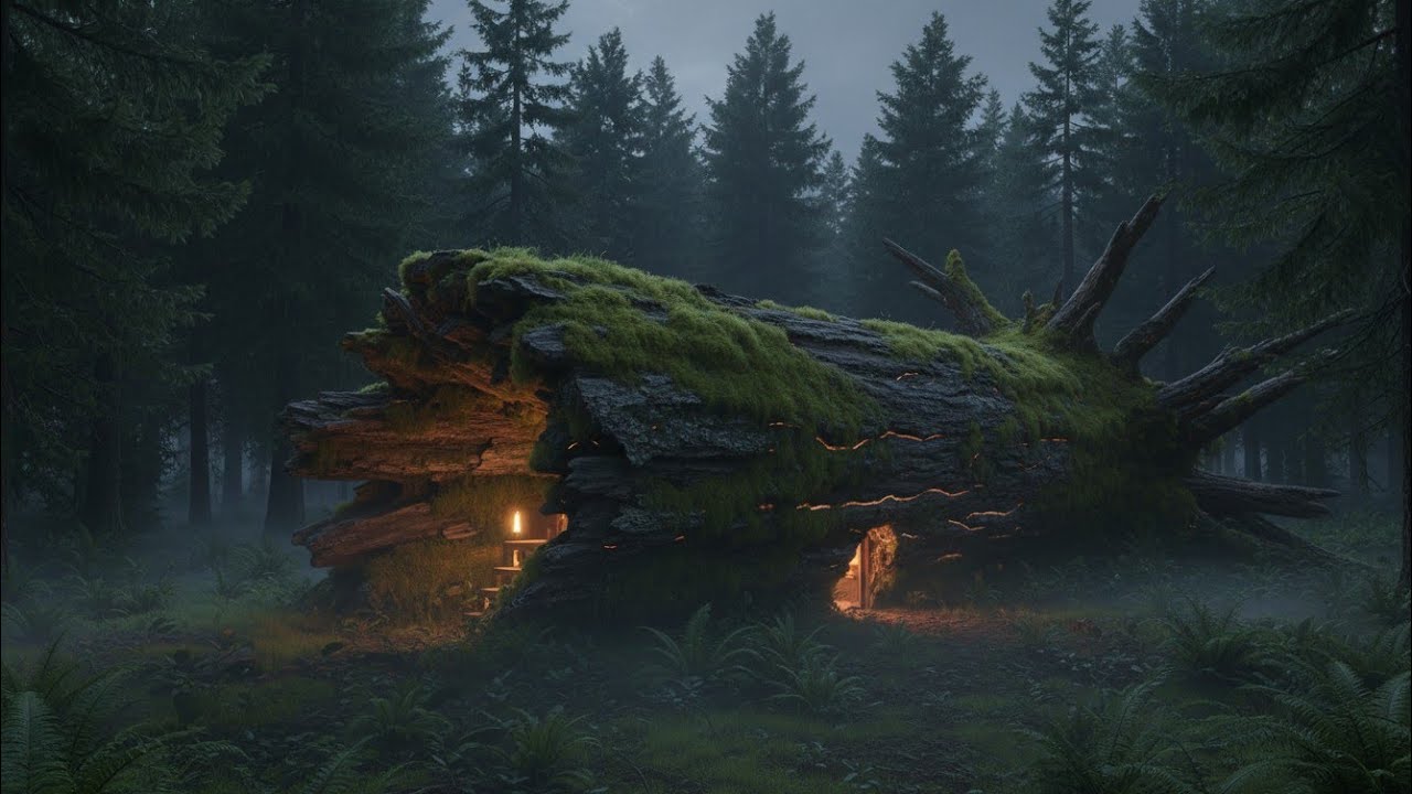 He Built a Secret Home Inside a Fallen Giant Tree (Silent Forest Build)