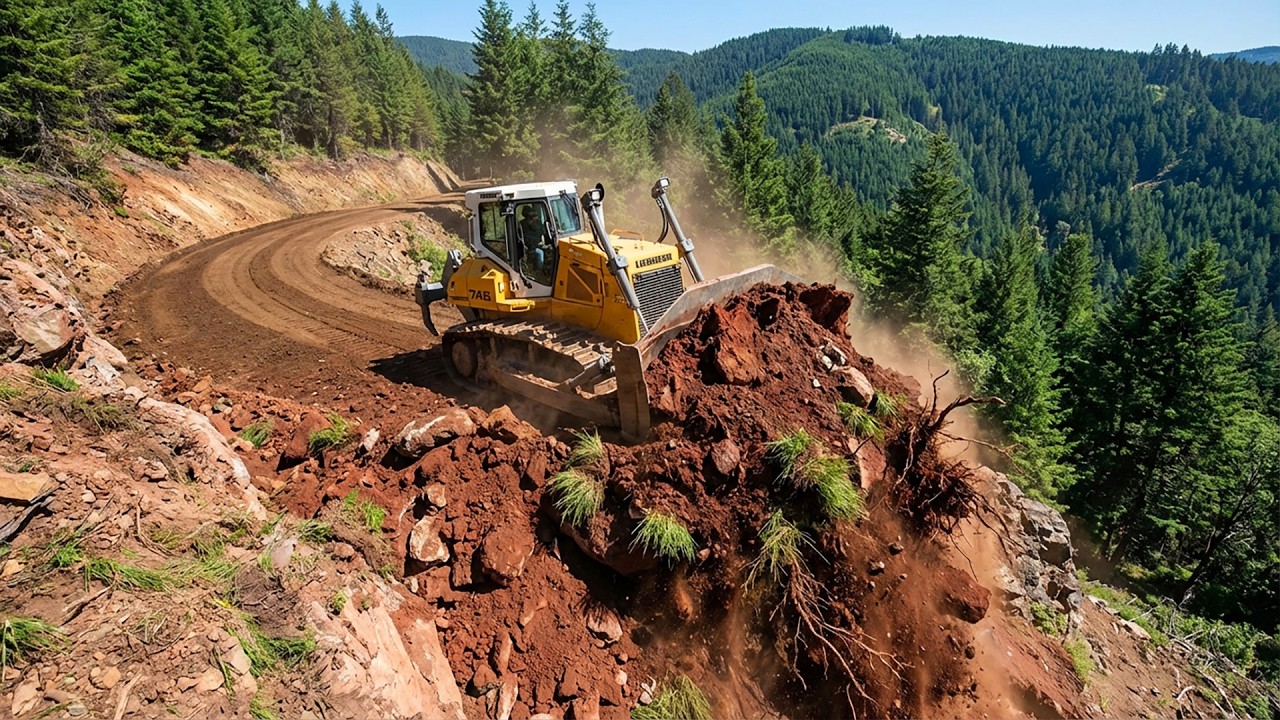 Professional Safety Road Construction on Mountain Cliff with Massive Bulldozer