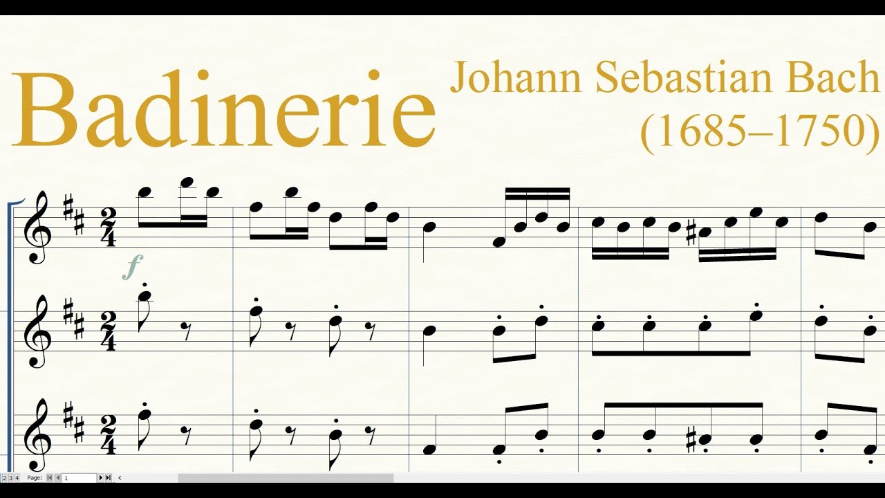 PARTITURA en vivo, SOLFEO BADINERIE Johann Sebastian Bach, Bm Tonalidad Si menor