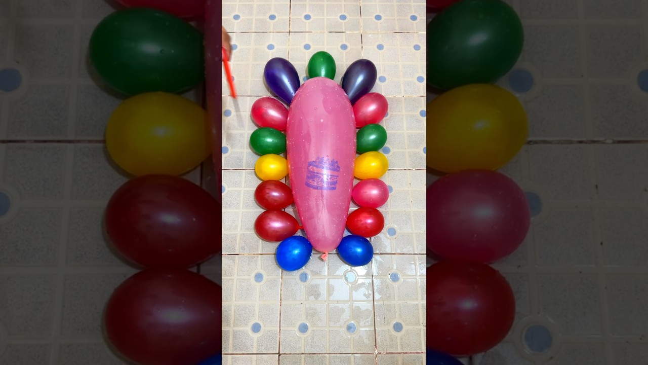 Big HBD Balloon with mini rainbow balloons pop reverse asmr satisfying