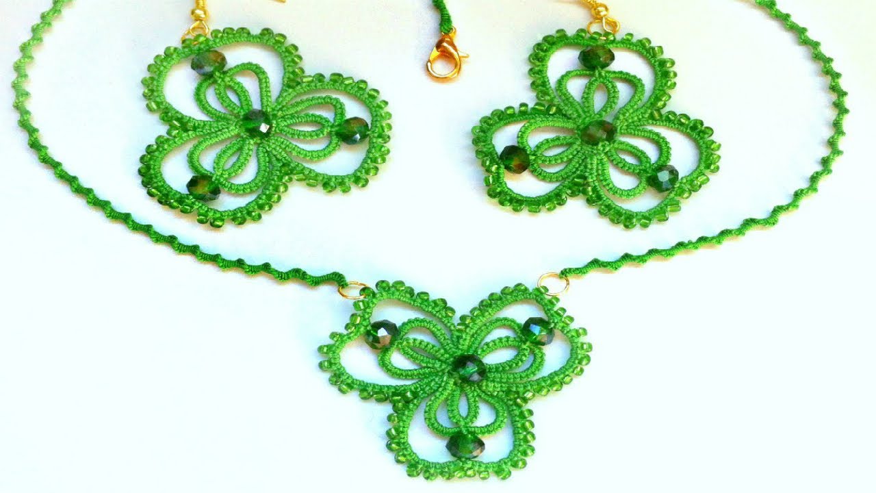 Серьги, кулон Лист клевера фриволите иглой анкарс. DIY Earrings pendant Leaf clover frivolite needle