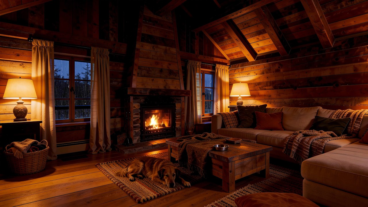Cozy Winter Cabin Ambience | Cozy Cabin with Rain on Windows & Fireplace for Deep Sleep 🔥