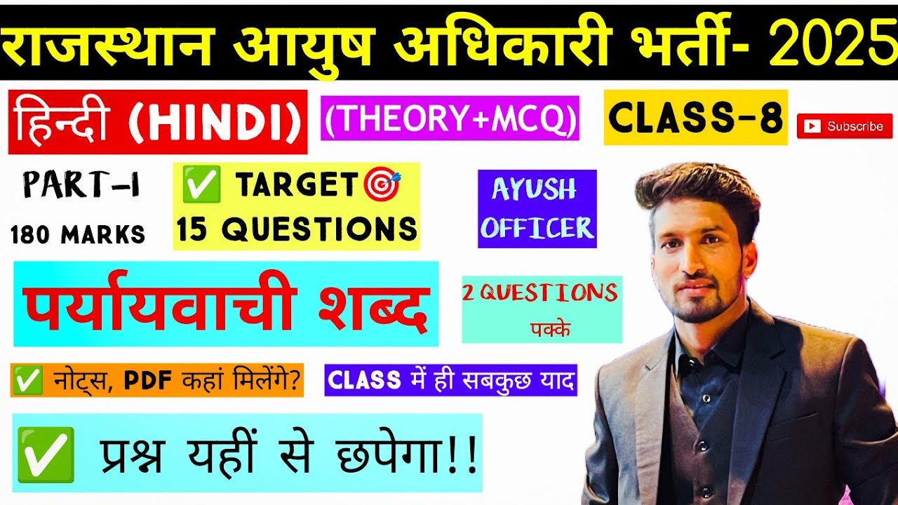 AYUSH OFFICER (हिंदी-पर्यायवाची शब्द) HINDI THEORY- 2025 || THEORY+MCQ || CLASS-8 ||