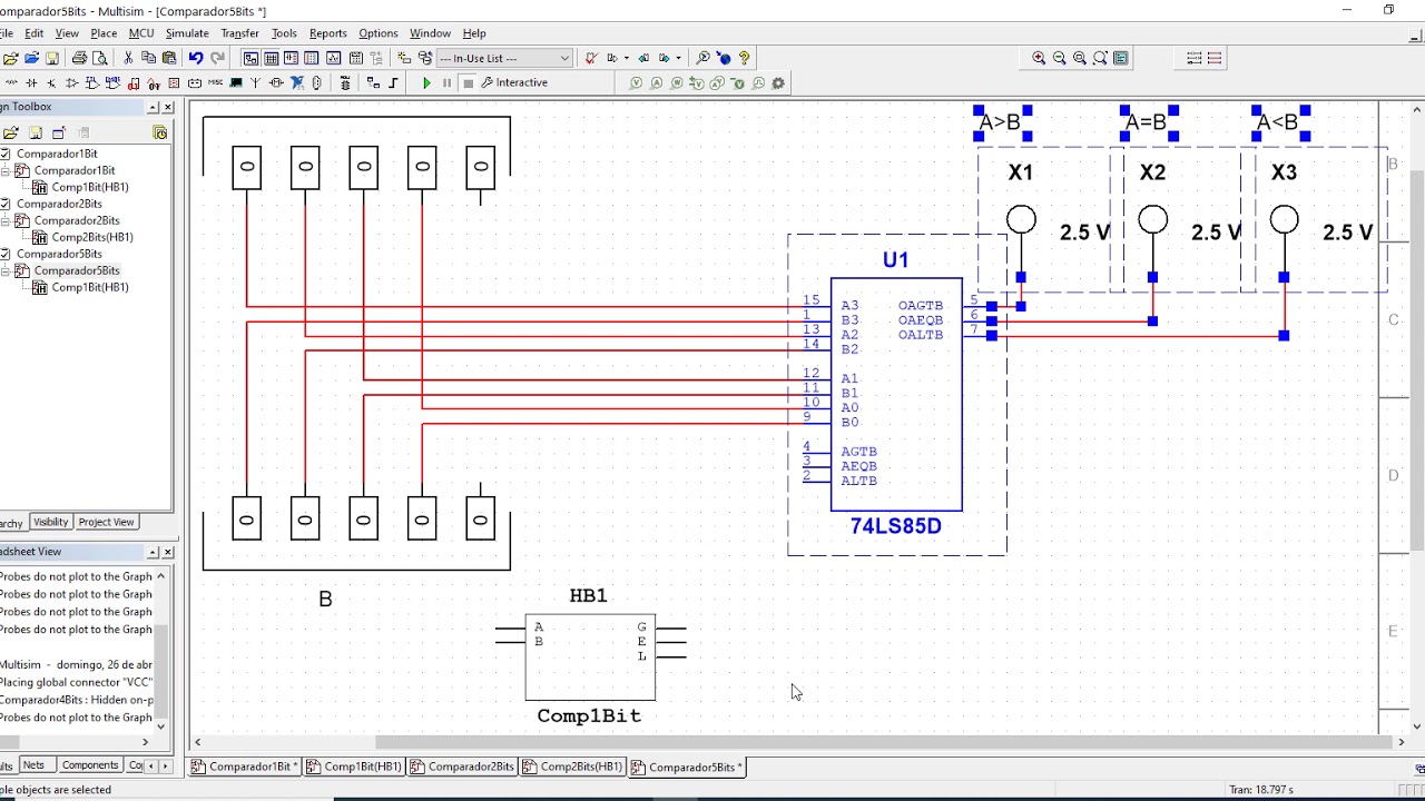 Comparadores de magnitud (Parte 5) -  Simulaci&oacute;n en Multisim para 4, 5 y 8 bits (74LS85 Serie)