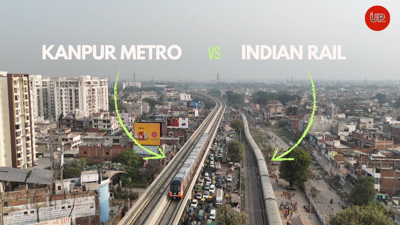 Kanpur Metro running past Indian railways train #theupindex #4k