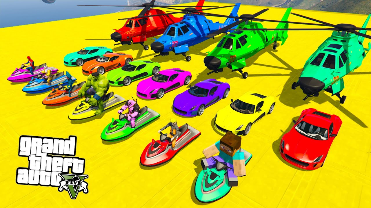 GTA V Crazy Spider-Man Racing on Cars, Motorcycles, Boats, Planes! Epic Stunt Map for Superheroes