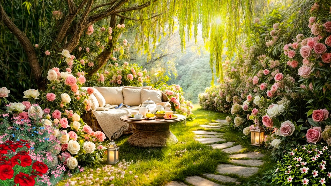 Garden Patio with Warm Tea ☀️🌸 Spring Nature ASMR & Soft Birds for Relax, Work & Easy Rest