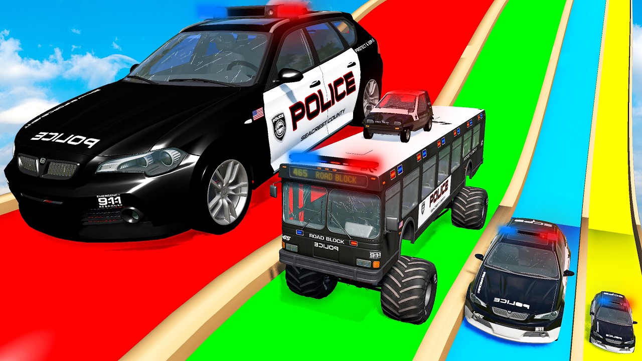 Giant & Small Police Car vs Portal Trap with Slide Colors &ndash; Cars vs Trains &ndash; BeamNG.Drive