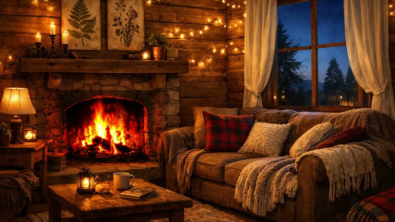 🔥 Cozy Fireplace Night 🕯️Warm Cabin Vibes & Snow Outside ❄️ Perfect for Sleep, Study & Relaxation 🎶