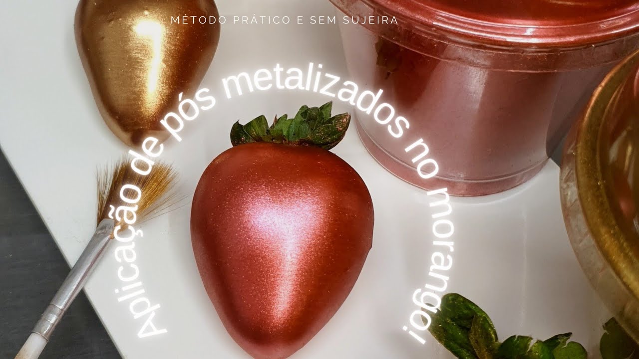 Aplicação prática de pós metalizados no morango com chocolate.