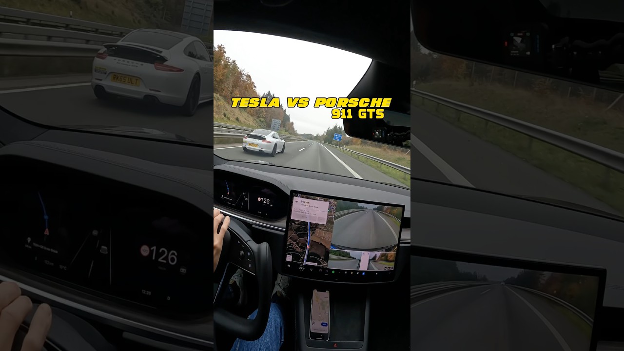 Cheapest Tesla Model S vs Porsche 911 GTS on German autobahn! Tesla 🪫 20%