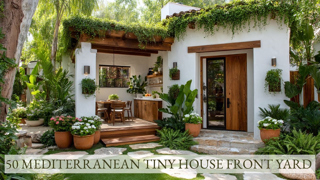 50 Tiny House Front Yard Designs Blending Mediterranean Courtyards, Olive Trees, And Private Lounge