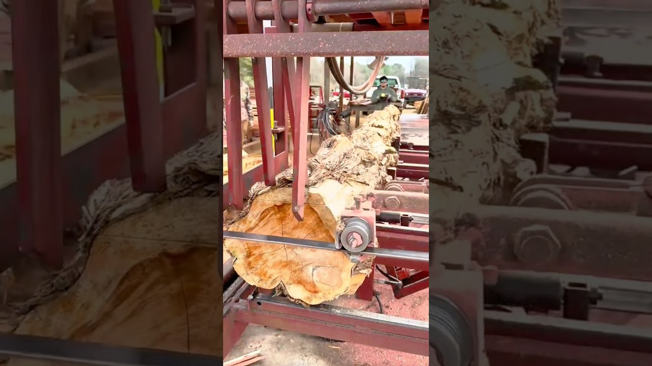 Milling large logs into lumber using a portable horizontal band saw mill #shorts