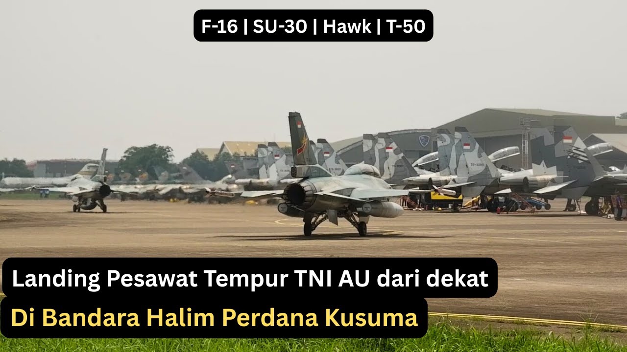 Pesawat tempur F-16, SU-30, Hawk, dan T-50 TNI AU landing di Bandara Halim Perdana Kusuma dari dekat