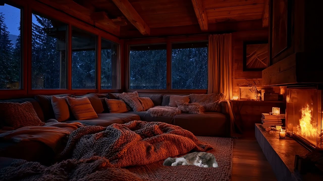 Cozy Gale Cabin Fall Porch Ambience Rain Pumpkins Crackling Fireplace Thunder 3 Hours 🍂🌬️