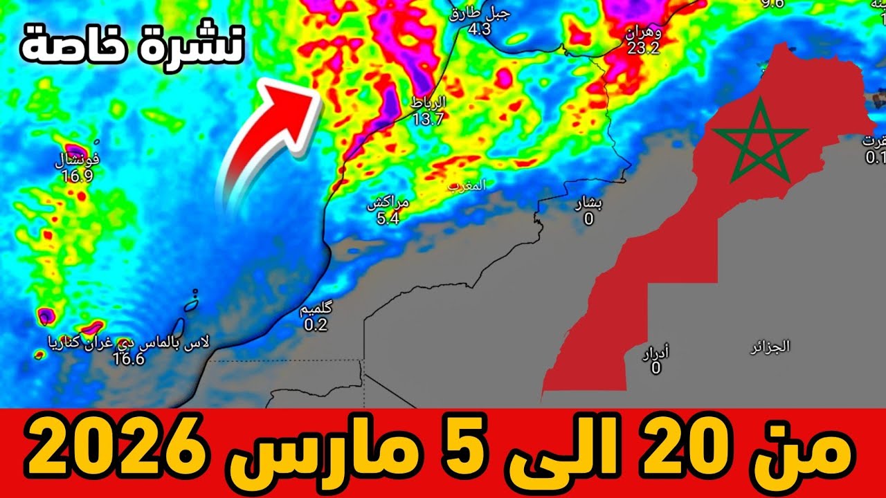 نشرة خاصة⛈️حالة الطقس بالمغرب من 20 الى 5 مارس 2026