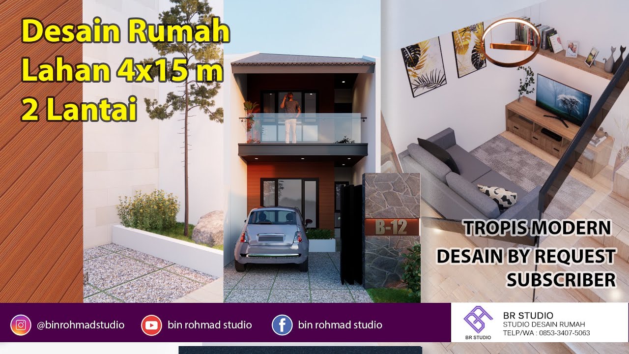 Desain Rumah di lahan 4x15 m 2 lantai, Tropis Modern